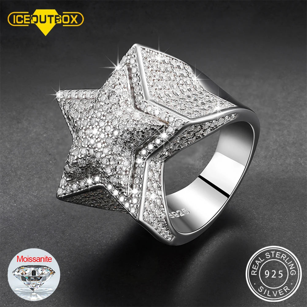 S925 Five Star Moissanite Men Rings Luxury 925 Sterling Silver Ring for Women D VVS round Moissanite Diamond Hip Hop Jewelry
